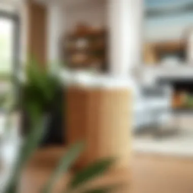 Stylish Woven Hamper in Modern Living Room A stylish woven hamper placed in a modern living room, showcasing its aesthetic appeal