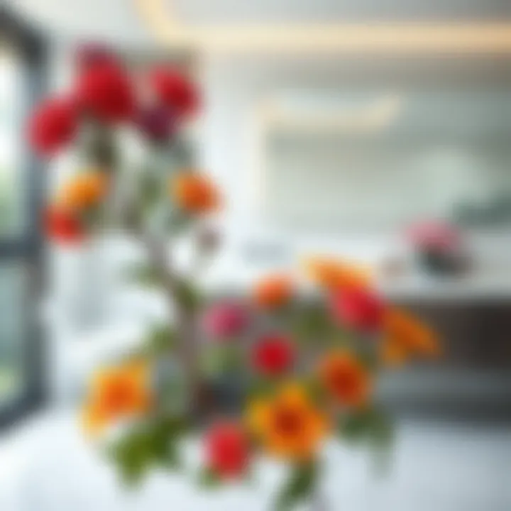 Vibrant Artificial Flowers for a Modern Bathroom Vibrant colors of artificial flowers contrasting with modern bathroom decor