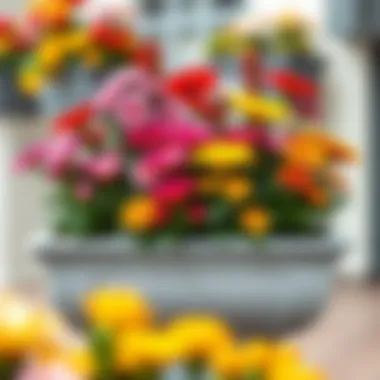 Close-up of a beautifully arranged planter box with colorful flowers