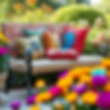 Colorful assortment of decorative pillows on a garden bench