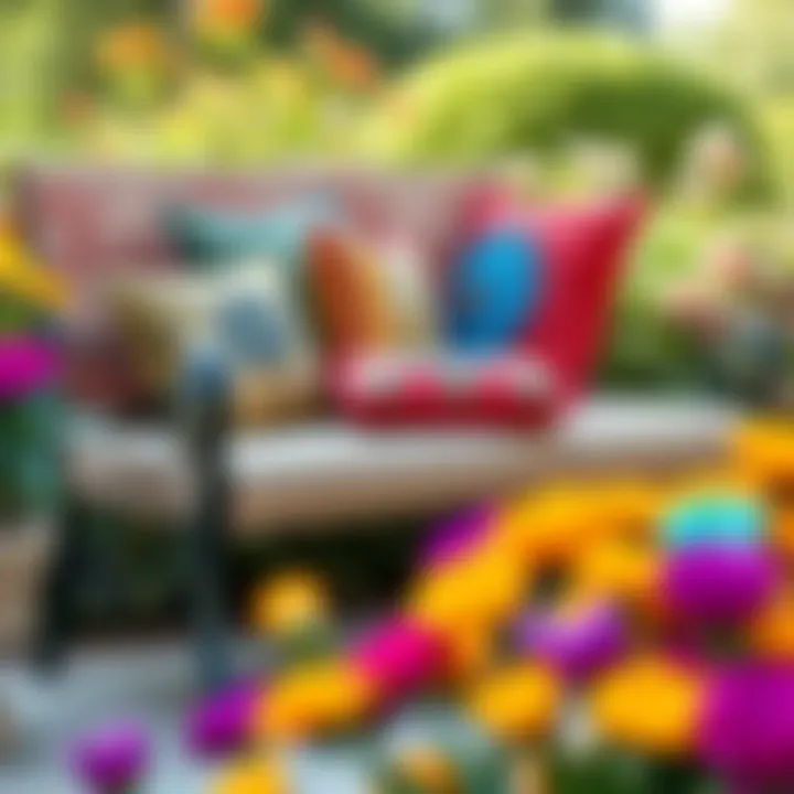 Colorful assortment of decorative pillows on a garden bench