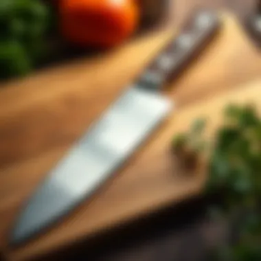 A finely crafted chef's knife resting on a wooden cutting board