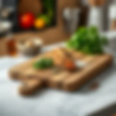 A sleek wooden cutting board displayed with fresh herbs and spices