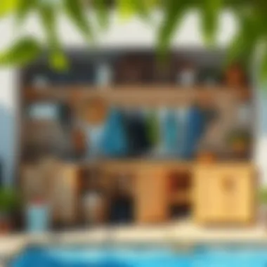 Efficiently Organized Poolside Storage Well-organized poolside storage space with various accessories
