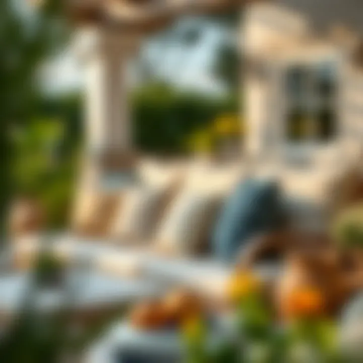 Elegant arrangement of decorative pillows on a patio lounge set