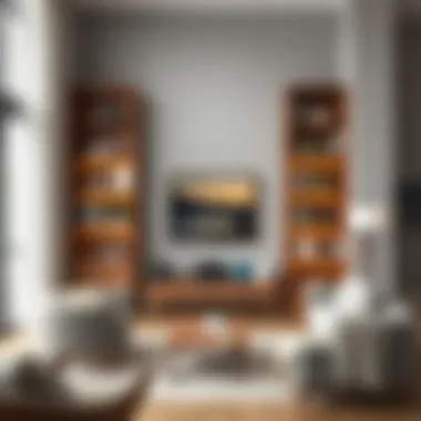 Elegant tall shelves in a minimalist living room showcasing curated decor.