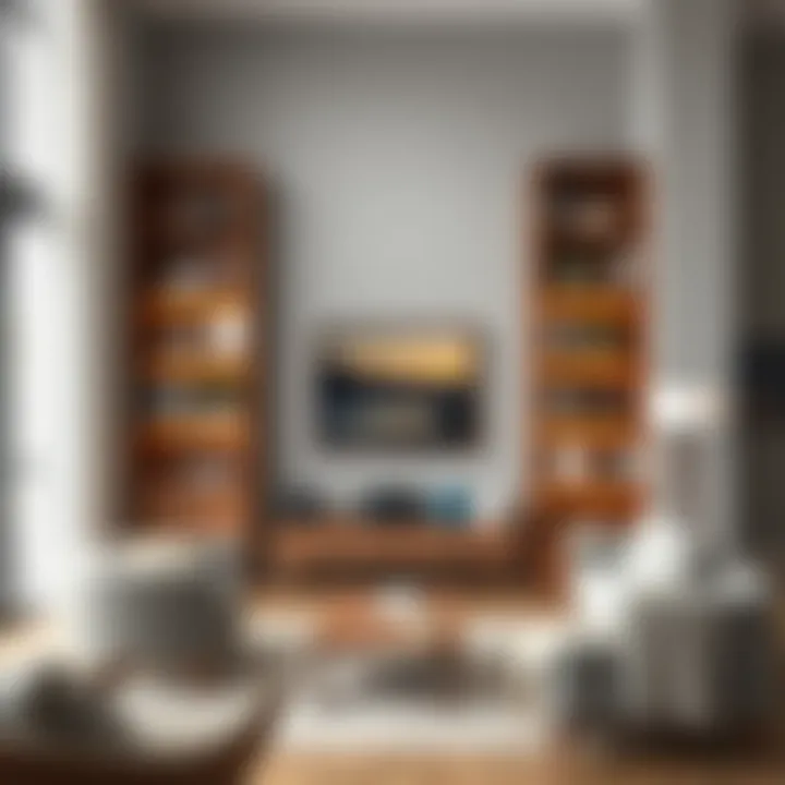 Elegant tall shelves in a minimalist living room showcasing curated decor.