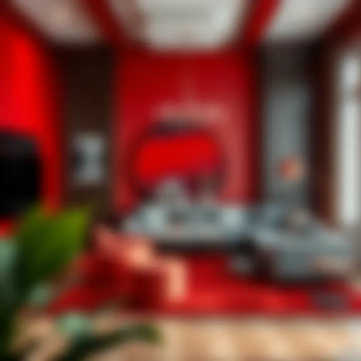 An artistic display of color theory applied to furniture design using red, black, and grey.