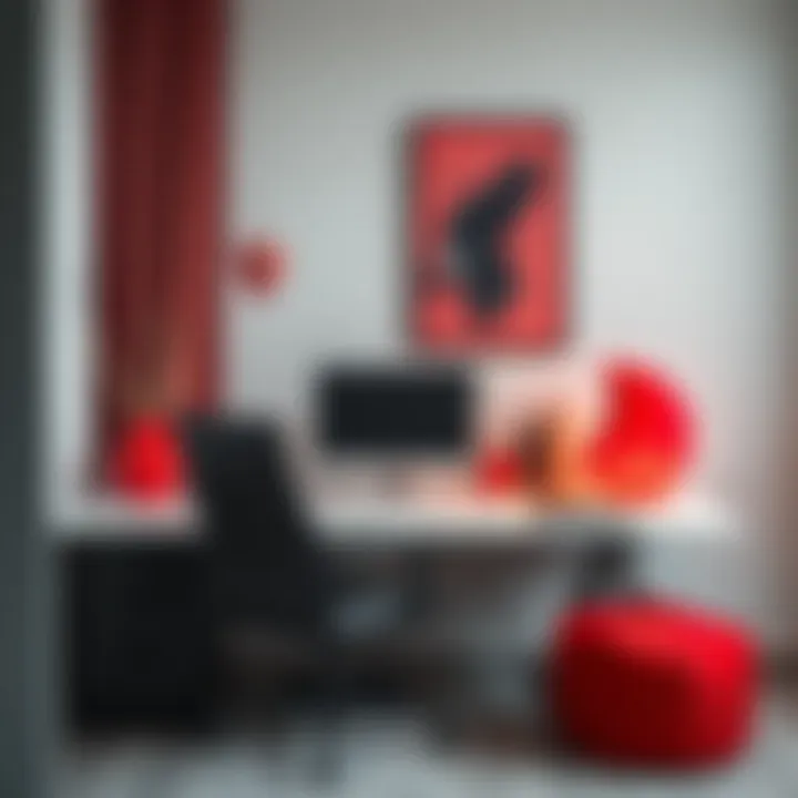A minimalist workspace highlighting the interplay of red, black, and grey tones.