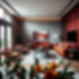 A sophisticated living room showcasing red, black, and grey furniture elements.