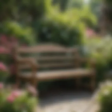 Compact wooden garden bench surrounded by blooming flowers