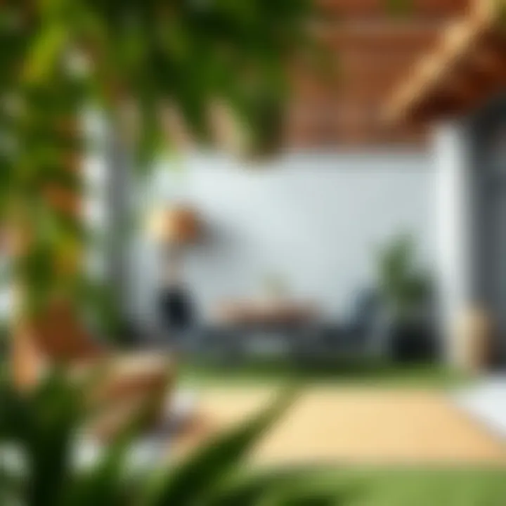 Elegant Garden Design with Bamboo Mats An elegant garden design incorporating large bamboo mats as a decorative element