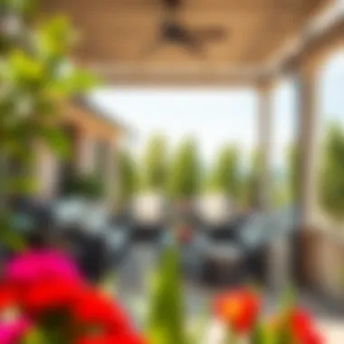 Patio furniture arranged neatly under protective covers