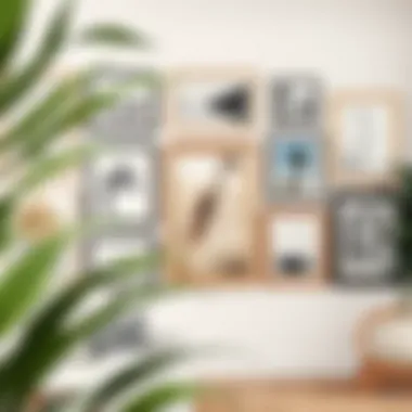 Stylish gallery wall featuring various framed artworks