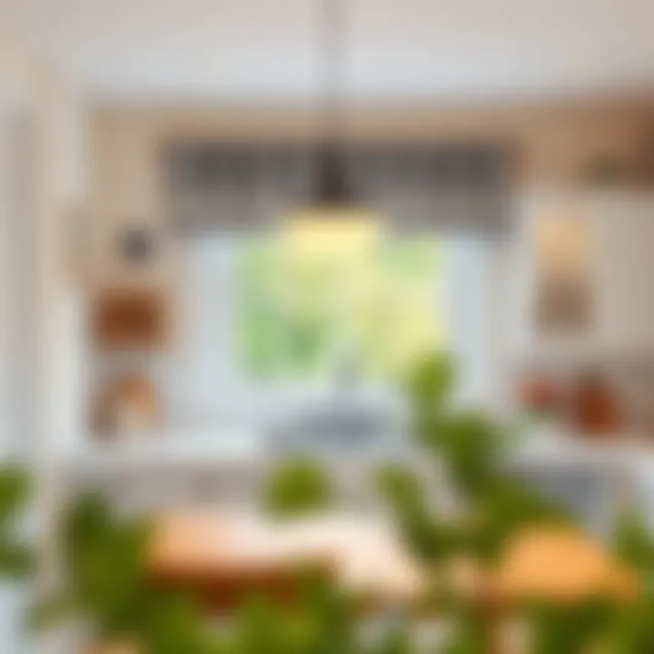 A cozy kitchen with grey and white valance enhancing ambiance