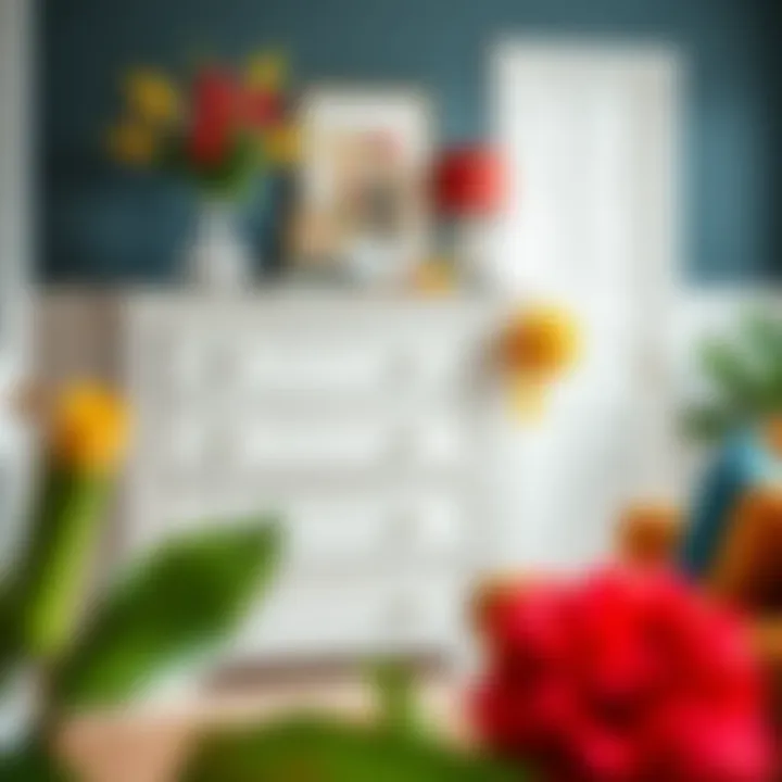 Large white Chester drawers harmonizing with colorful decor accents