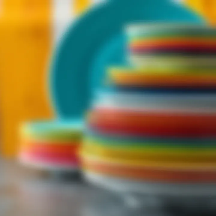 Stacked melamine plates with vibrant colors and patterns
