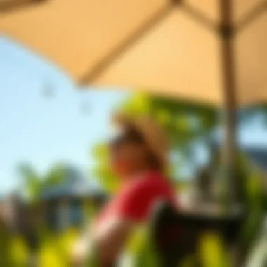 User enjoying shaded space created by patio umbrella