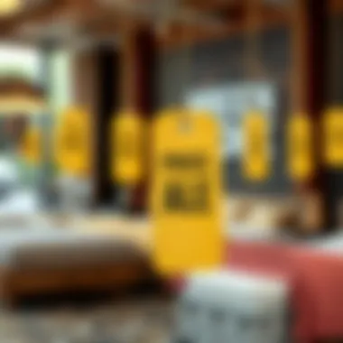 Price tags showcasing various queen size beds on sale