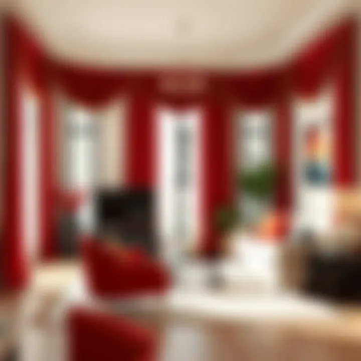 Elegant living room featuring red swag curtains