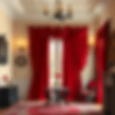 Historical interior with red swag curtains as a focal point