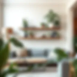 Elegant rustic floating shelf displaying potted plants and books in a cozy living room