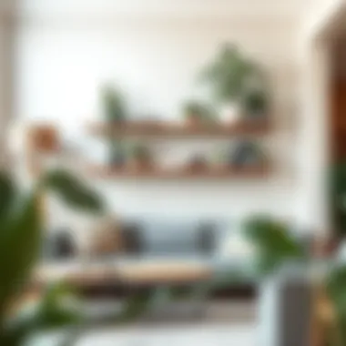 Elegant rustic floating shelf displaying potted plants and books in a cozy living room