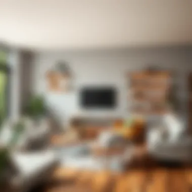 Modern living room featuring a combination of rustic and contemporary floating shelves