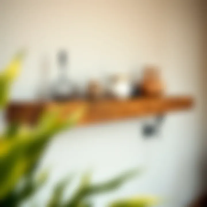 Close-up of reclaimed wood floating shelf showcasing decorative artifacts