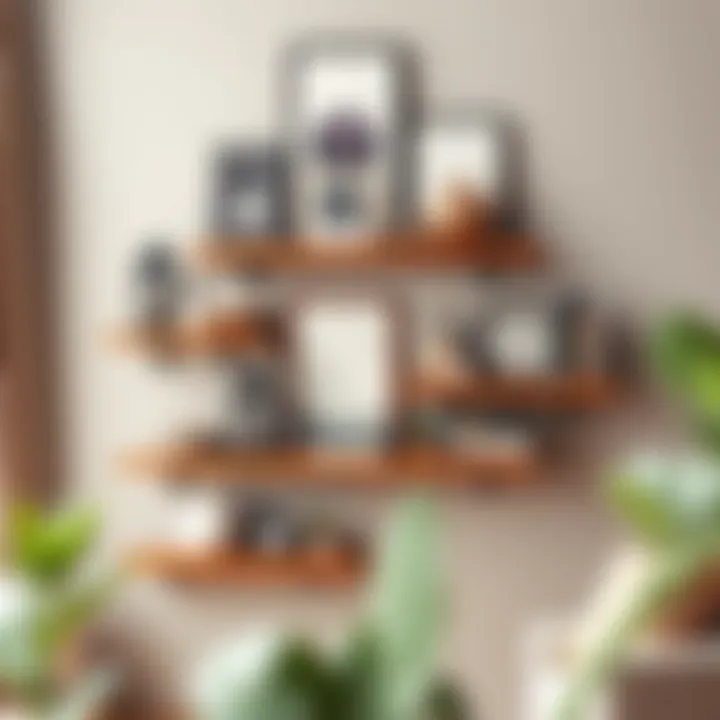 Stylish arrangement of rustic floating shelves with artwork and vintage decor