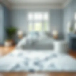 Elegant light blue rug complementing a cozy bedroom decor