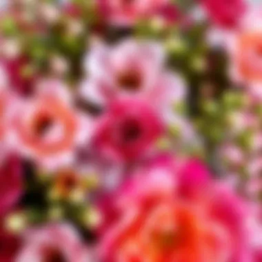 Close-up of vibrant faux flowers intertwined with greenery