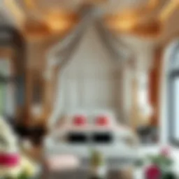 Elegant extra large bed canopy draping over a luxurious bedroom
