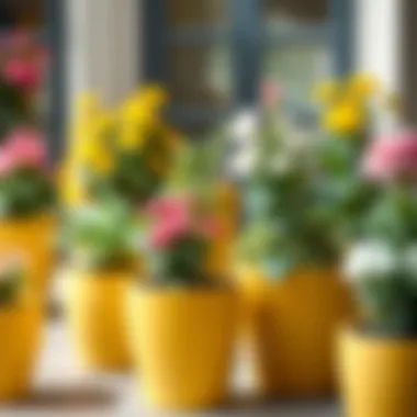 Large yellow pots showcasing a variety of flowering plants