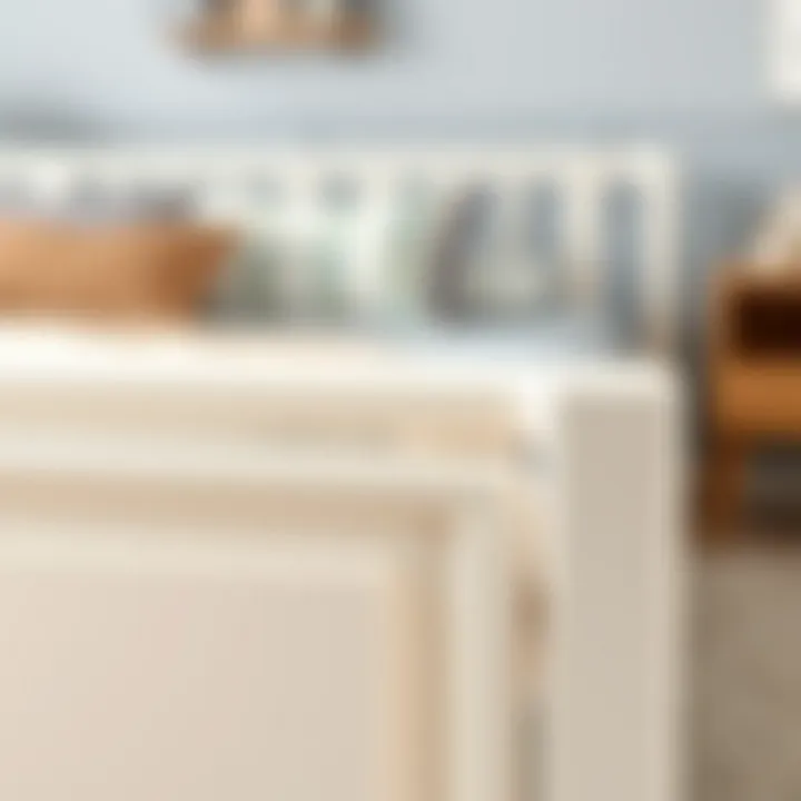 Close-up of white bedframe craftsmanship and material details