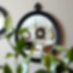 Elegant black wood round mirror reflecting stylish interior decor