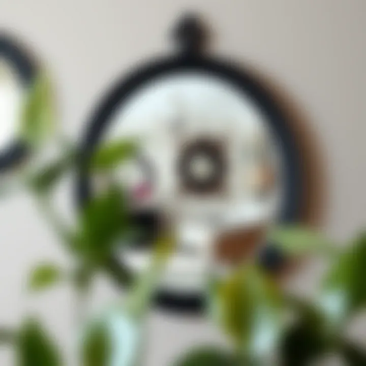 Elegant black wood round mirror reflecting stylish interior decor