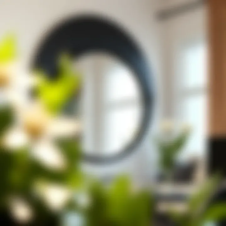 Black wood round mirror enhancing natural light in a room