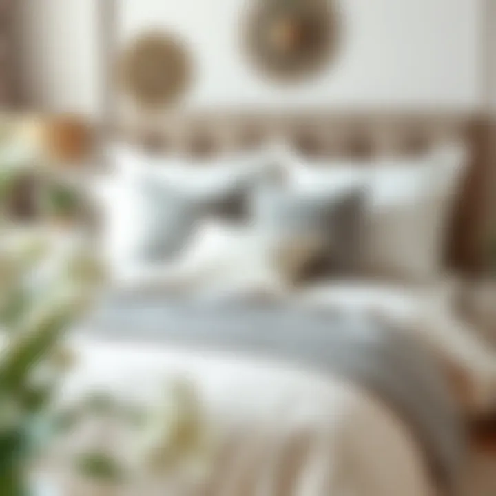 A beautifully arranged bedroom scene highlighting decorative pillows and accessories that complement beige and gray duvet covers