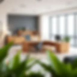 A spacious L-shaped desk arrangement in a modern office setting.