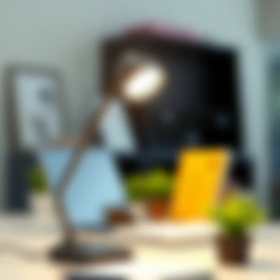 Contemporary clip-on task light illuminating a workspace