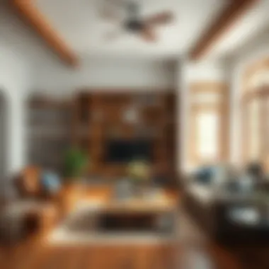 A rustic living room with wood shelves filled with books