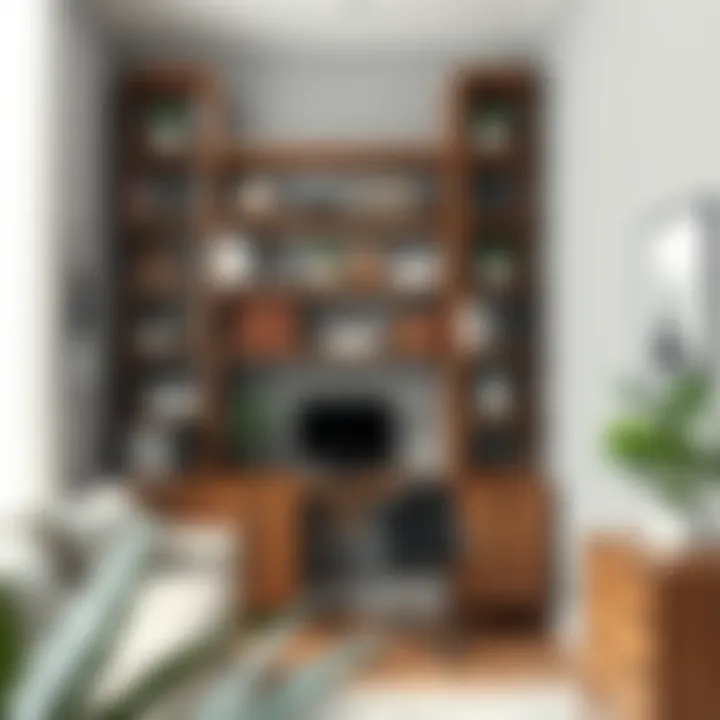 Functional tall shelves used for organization in a stylish home office corner.