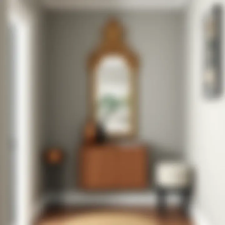 Decorative wall mirror adding depth to a narrow space