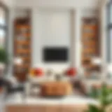 Stylish tall shelves filled with books and decorative items in a modern living room.