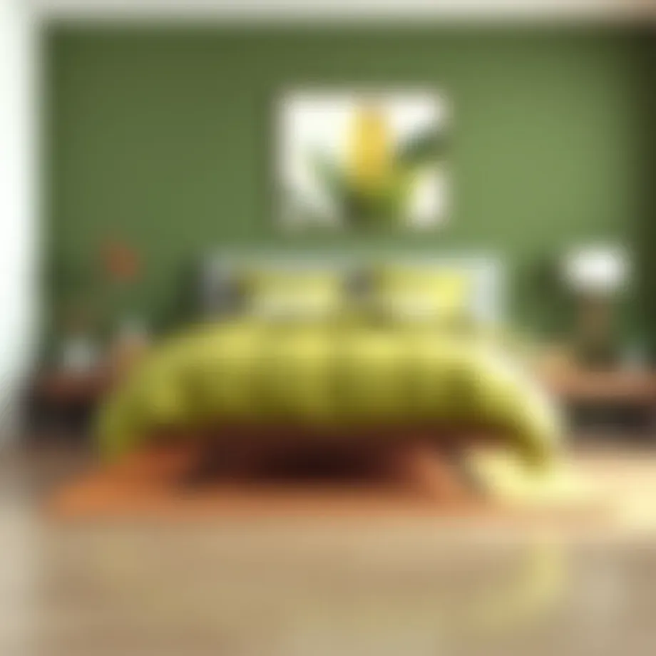 A beautifully styled bedroom featuring a lime green comforter on a bed