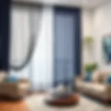 Elegant navy sheer curtain panels draping a modern living room