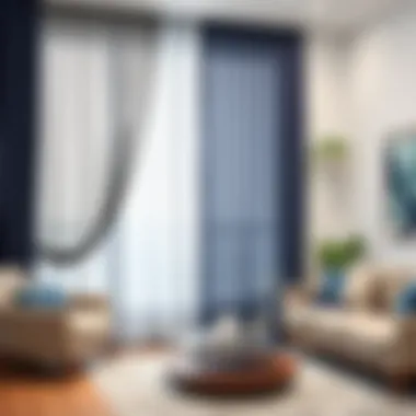 Elegant navy sheer curtain panels draping a modern living room