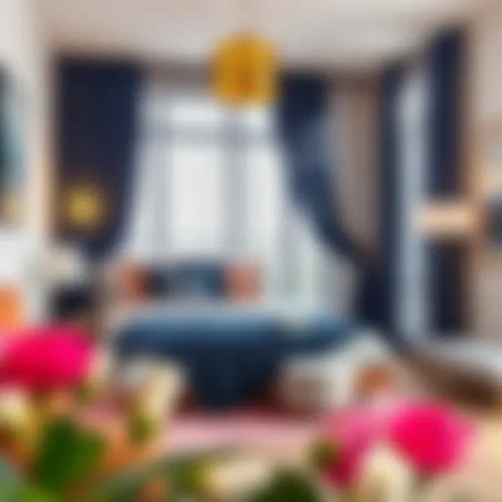 Stylish bedroom accented with navy sheer curtains for ambiance