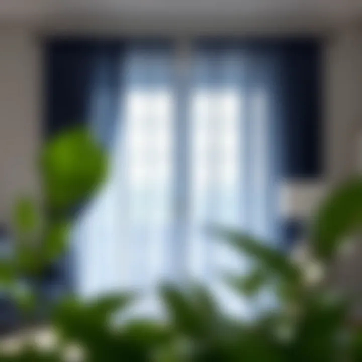 Installation of navy sheer curtains enhancing natural light in a space